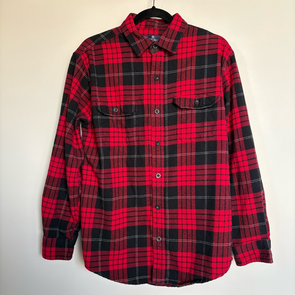 Rainforest Red Black Plaid Flannel Shirt 100% Cotton Button Down Medium